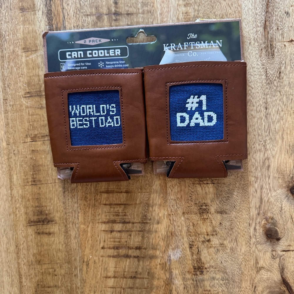 The Kraftsman Co Brown beer Can Cooler coozie coozy Set of 2 worlds best dad #1